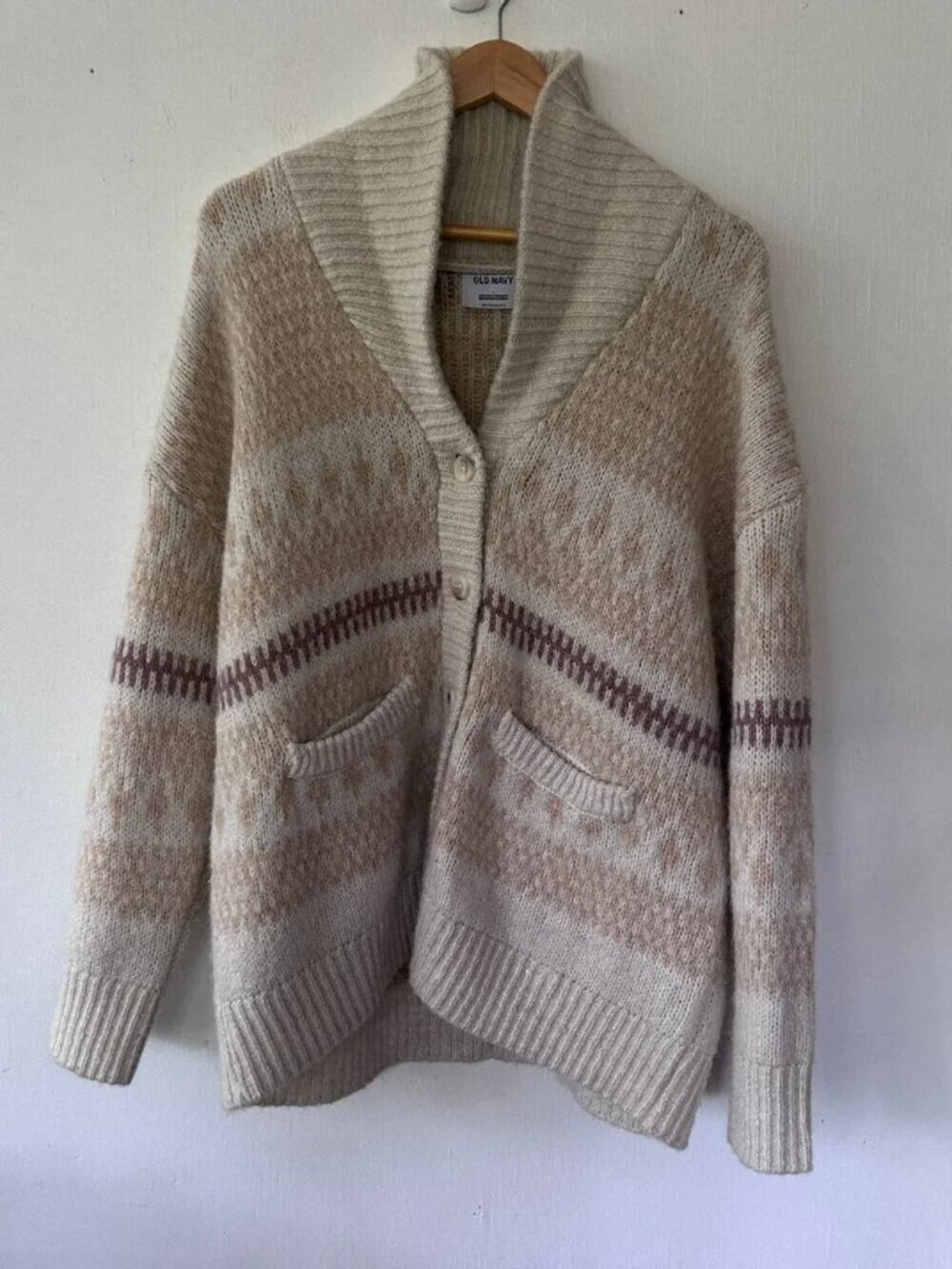 Old Navy Grandpa Cardigan Womens Large Brown Pockets Neutral Heavy Shawl Collar